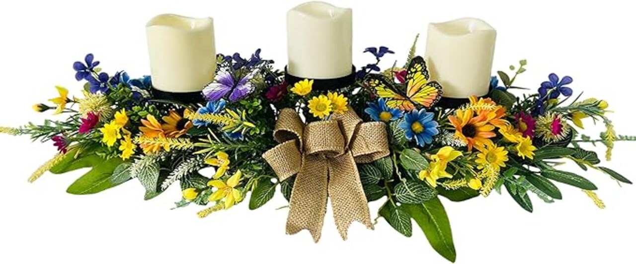 Candle Holders Spring Summer Centerpiece,3 Wick Candle Holder with Daisy and Sunflowers, Perfect for Spring Decor,Easter Centerpiece Table Decor,Indoor Home Decor,Desktop Decor